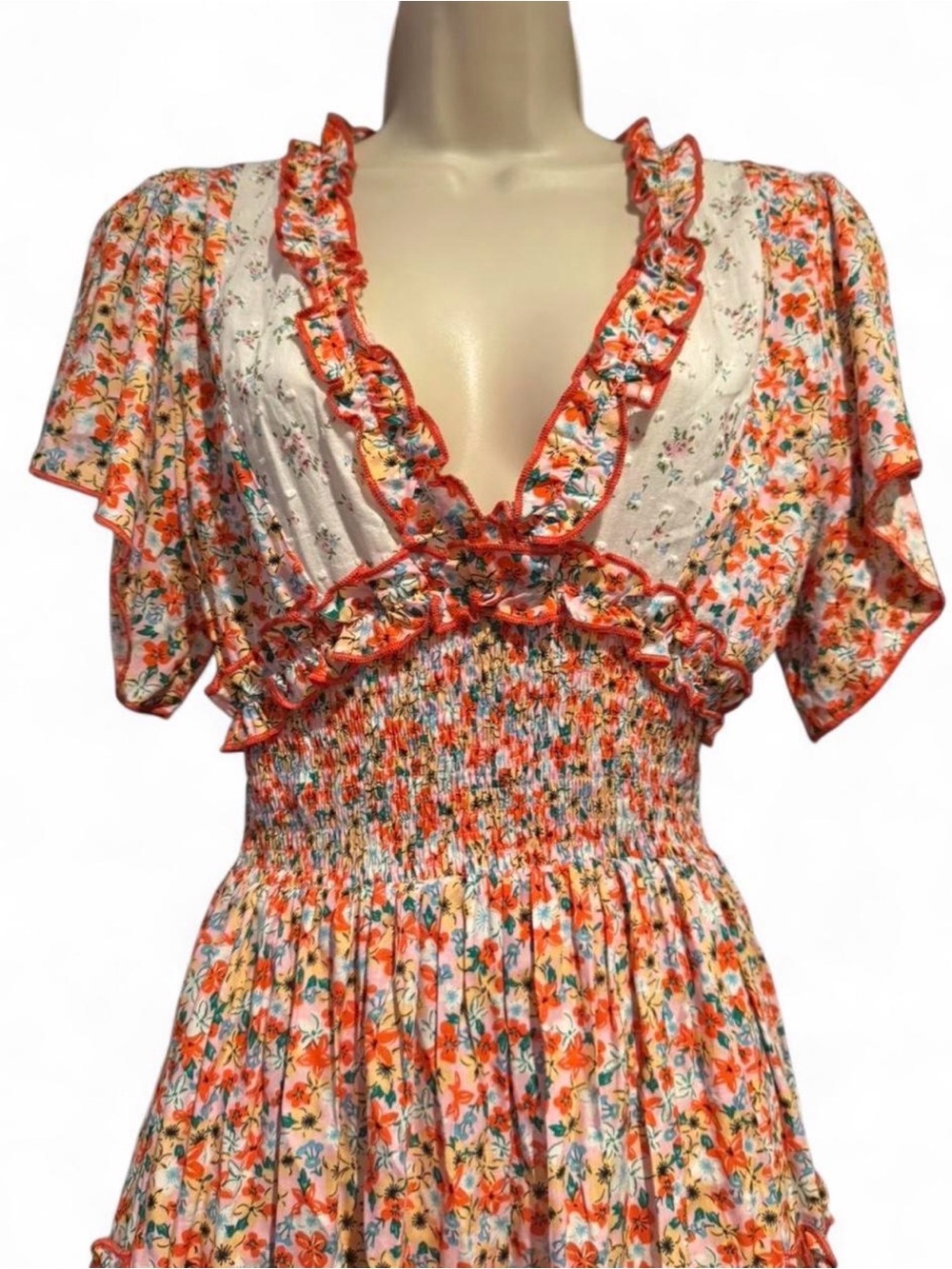 POL Floral Open Back Boho Mini Dress Ruffle Tiered Cottagecore Small Open Back - Picture 5 of 10